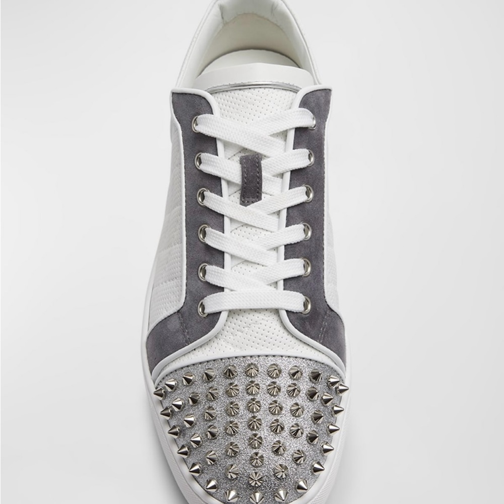 Christian Louboutin White and Gray Studded Sneakers